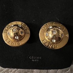 Vintage 1989 Celine Paris Rhinestone Planet sphere clip earrings